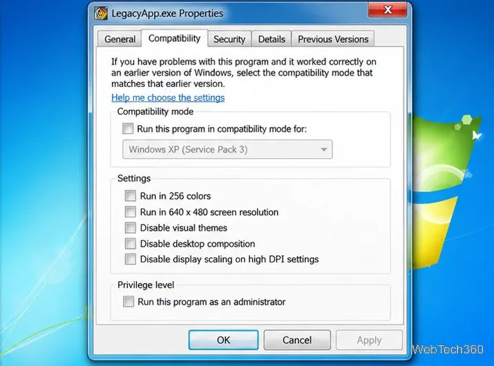 علامة تبويب التوافق في مربع حوار خصائص برنامج Windows 7 قبل تغيير الإعدادات