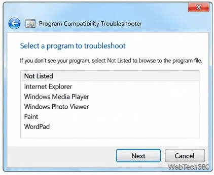 مربع حوار اختيار البرنامج في أداة استكشاف أخطاء توافق نظام التشغيل Windows 7 مع خيار "غير مدرج".