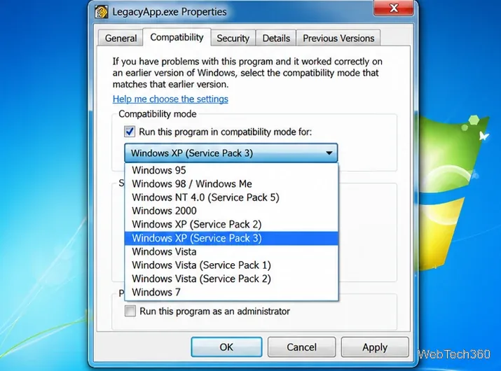 قائمة موسعة لوضع التوافق مع نظام التشغيل Windows 7 تعرض إصدارات Windows الأقدم