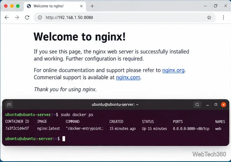 NGINX welcome page on port 8080 with Docker port mappingBrowser displaying the NGINX welcome page at the VM address on port 8080, with docker ps port mapping below<figcaption data-awj-image-key=