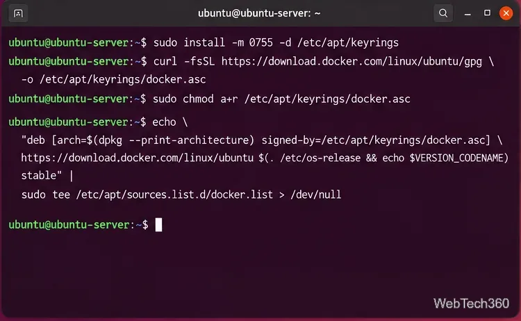 Ubuntu terminal adding Docker’s signed apt repositoryUbuntu terminal showing the Docker signing key stored in the apt keyrings directory and the package repository being added<figcaption data-awj-image-key=