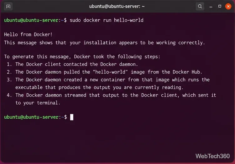 Terminal output from Docker’s successful hello-world testUbuntu terminal showing the successful hello-world container output<figcaption data-awj-image-key=