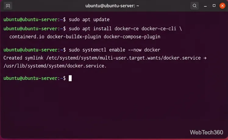Ubuntu terminal installing Docker Engine and starting its serviceUbuntu terminal installing Docker Engine packages and enabling the Docker service with systemd<figcaption data-awj-image-key=