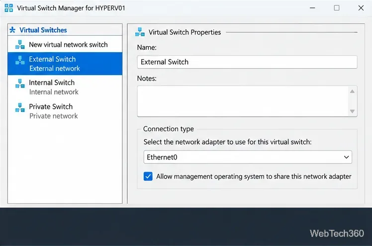 Hyper-V Manager showing an external switch on Ethernet0Hyper-V Virtual Switch Manager with an external switch assigned to the Ethernet0 adapter<figcaption data-awj-image-key=
