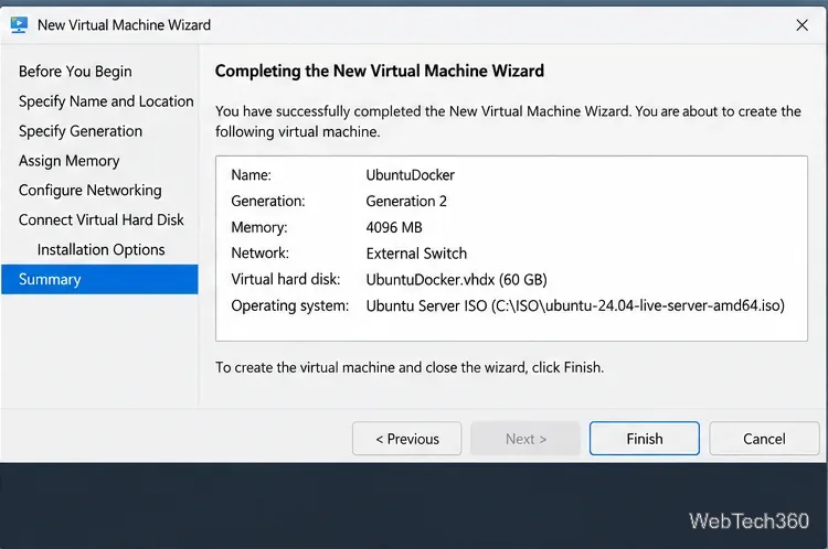 Generation 2 Ubuntu VM summary in Hyper-V ManagerHyper-V New Virtual Machine Wizard summary for a Generation 2 UbuntuDocker VM using an external switch<figcaption data-awj-image-key=