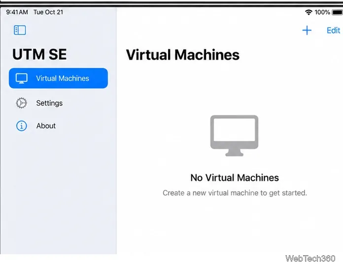 UTM SE virtual machines screen on iPad with the add button for creating a new VM