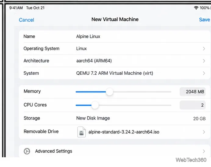 Example UTM SE ARM64 Linux virtual machine settings with memory, CPU, virtual disk, and Alpine ISO