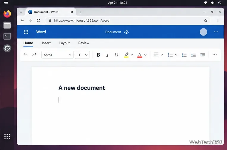 Edytor Word dla sieci WWW jest otwarty w systemie Linux ze wstążką wyświetlaną nad pustą stroną dokumentu.