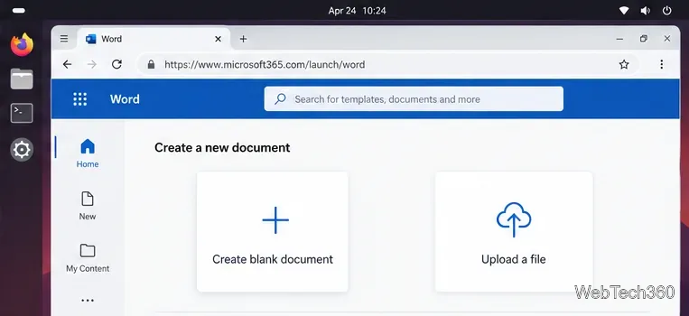 Strona startowa aplikacji Word dla sieci Web w przeglądarce Linux wyświetlająca opcje Utwórz pusty dokument i Prześlij plik.