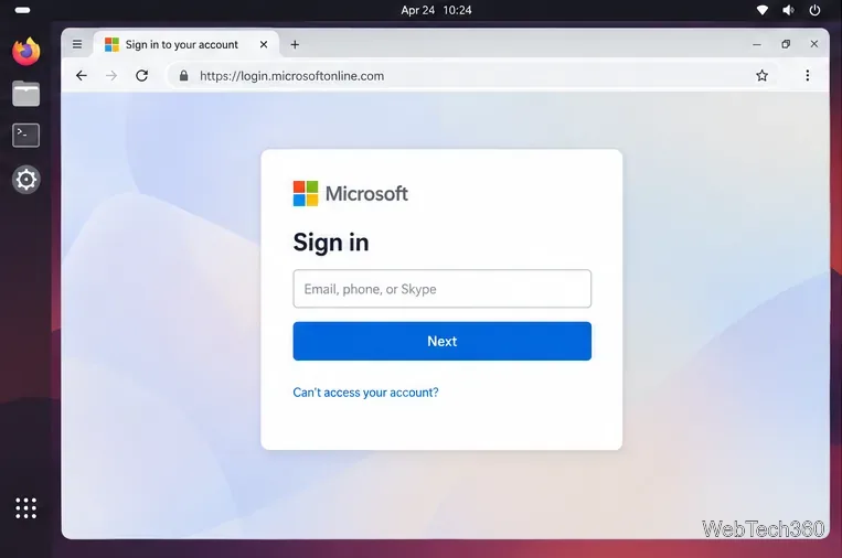 Formularz logowania Microsoft wyświetlany w przeglądarce Linux z pustym polem adresu e-mail i przyciskiem Dalej.