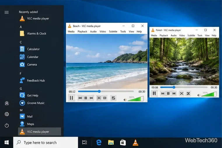 Menu Iniciar do Windows 10 ao lado de duas janelas separadas do VLC exibindo videoclipes diferentes.