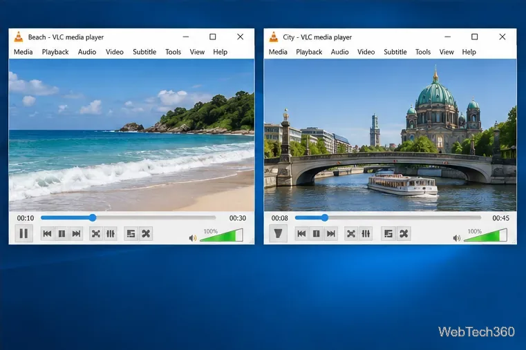 Duas janelas do VLC media player lado a lado, cada uma reproduzindo um vídeo diferente com controles de reprodução e volume independentes.