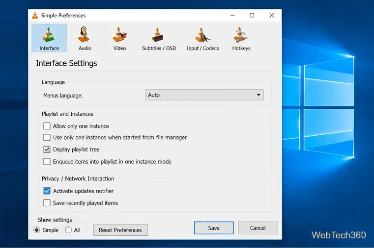 Preferências da interface do VLC com ambas as opções de instância única desmarcadas e o botão Salvar visível.