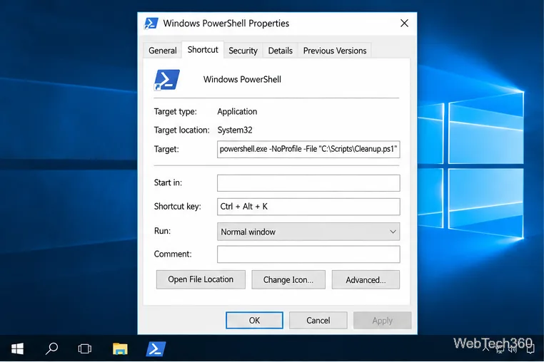 Diálogo de propriedades do atalho do Windows PowerShell com Ctrl+Alt+K no campo da tecla de atalho.
