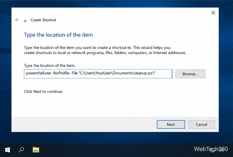 O assistente Criar Atalho exibe um comando PowerShell -File com o caminho cleanup.ps1 entre aspas.