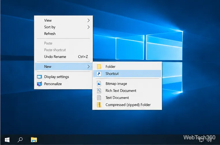 Menu de contexto da área de trabalho do Windows 10 com a opção "Novo" expandida e o atalho destacado.