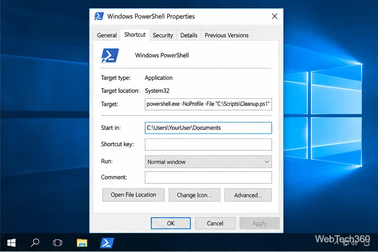 Diálogo de propriedades do atalho do Windows PowerShell com o campo "Iniciar em" definido para a pasta Documentos.