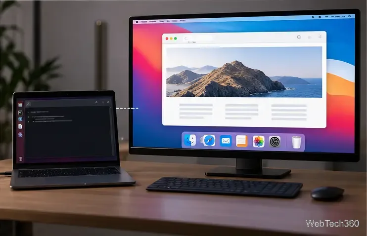 Un laptop Linux conectat la un desktop Mac separat cu un browser deschis, ilustrând accesul de la distanță la Safari