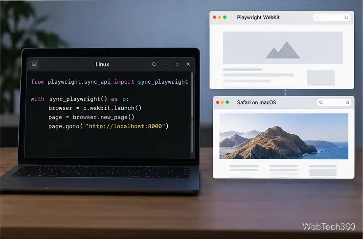 Un terminal Linux care rulează Playwritter WebKit lângă o fereastră separată Safari pe macOS
