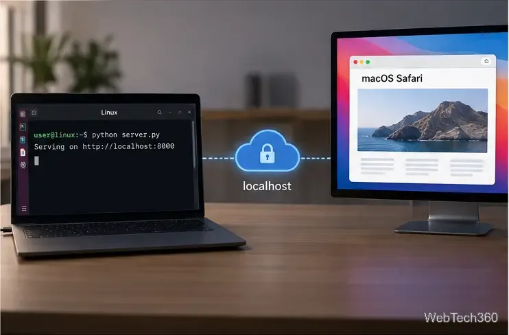 Un terminal Linux care deservește un site localhost, legat printr-un tunel securizat la o fereastră macOS Safari la distanță