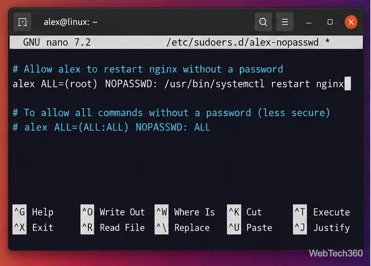 Nano editor showing a sudoers NOPASSWD rule for restarting nginx and a commented unrestricted example