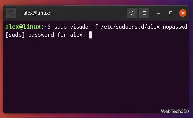 Linux terminal opening a dedicated sudoers.d file with sudo visudo for passwordless sudo configuration