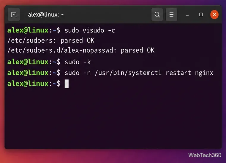 Linux terminal validating sudoers with visudo -c, clearing cached credentials, and testing a NOPASSWD command with sudo -n