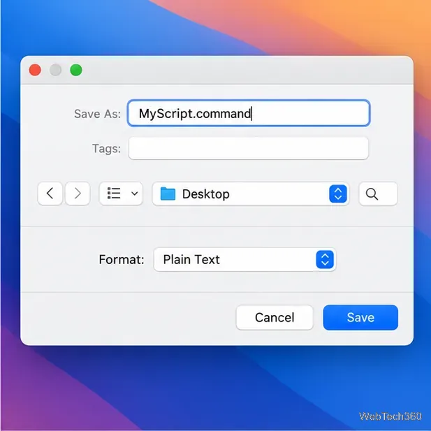 O casetă de dialog pentru salvare în macOS cu MyScript.command selectată ca fișier text simplu pe Desktop.