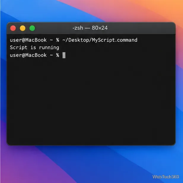 O fereastră de Terminal care rulează MyScript.command și afișează rezultatul Scriptul rulează.