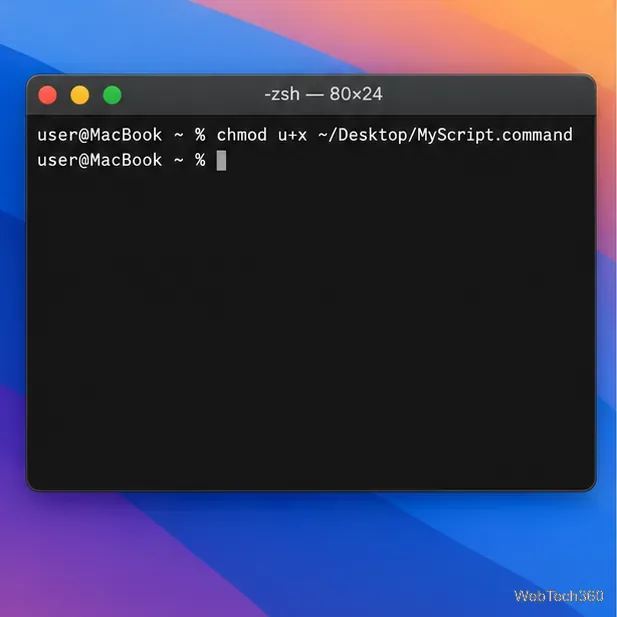 O fereastră Terminal care arată chmod u+x aplicat fișierului Desktop MyScript.command.