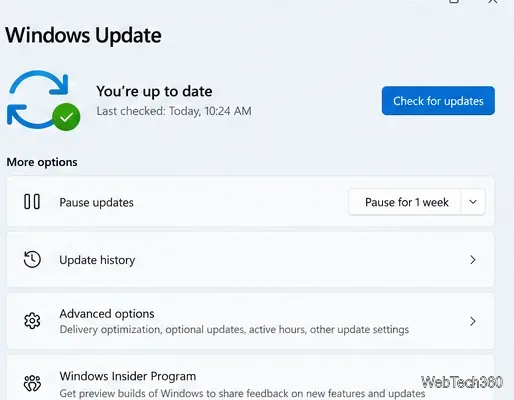 Page des paramètres de Windows Update avec le bouton Rechercher les mises à jour ; le texte d’état peut varier selon l’appareil.