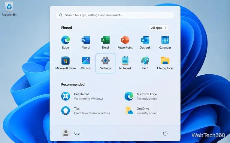 Menu Démarrer de Windows 11 avec l'application Paramètres sélectionnée.