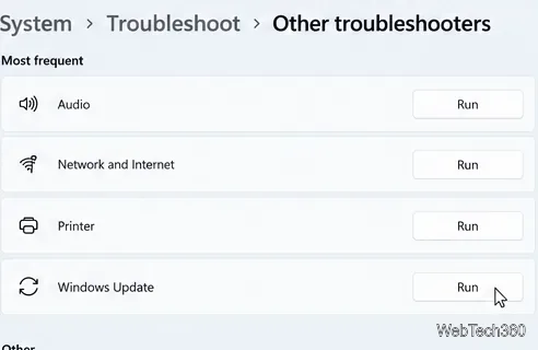 Fermer la vue de la ligne Windows Update et du bouton Exécuter dans Autres outils de dépannage.