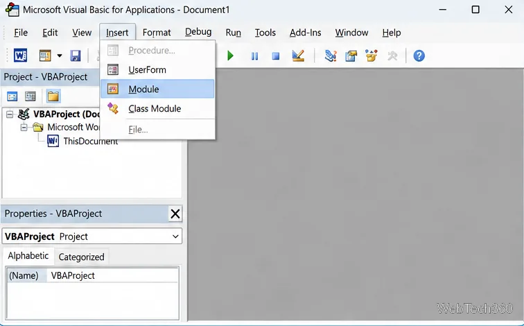 Menu Insertion de l'éditeur Visual Basic avec le module sélectionné.