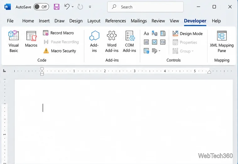 Le ruban Word avec l'onglet Développeur sélectionné et la commande Visual Basic visible.