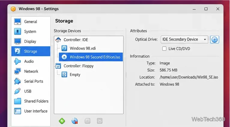 VirtualBox-Speichereinstellungen mit einer an das IDE-Laufwerk angeschlossenen Windows 98-ISO-Datei.