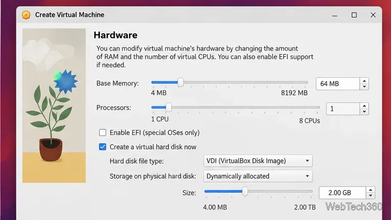 Die VirtualBox-Hardwareseite zeigt 64 MB Arbeitsspeicher, einen Prozessor, deaktiviertes EFI und eine 2 GB große VDI-Festplatte an.