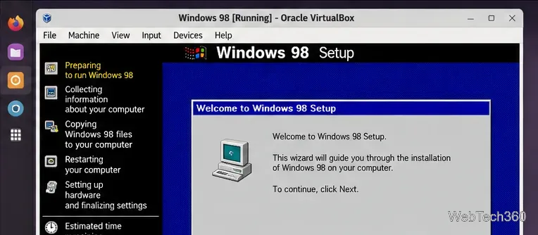 Windows 98-Setup läuft in einem Oracle VirtualBox-Fenster unter Linux.