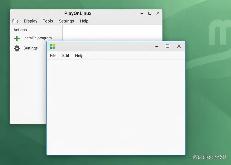 Vizualizare conceptuală pe desktop a unei ferestre de aplicație generică deschise lângă PlayOnLinux; interfața reală a programului variază.