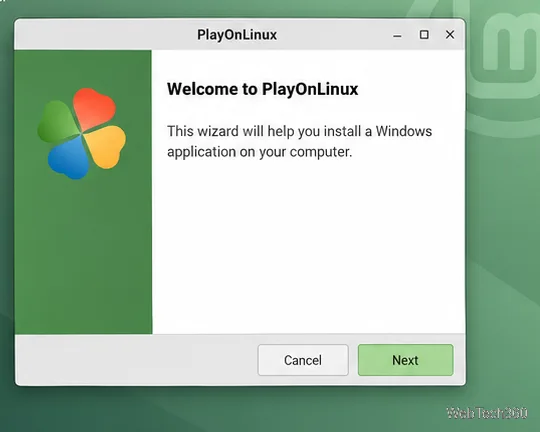 Ecran de bun venit ilustrativ al expertului de instalare PlayOnLinux; solicitările depind de scriptul selectat.