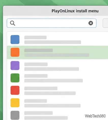Catalog ilustrativ de instalare PlayOnLinux cu un câmp de căutare și o listă de programe; intrările disponibile variază.