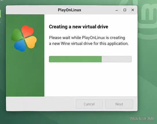 Ecran ilustrativ de progres al creării unei unități virtuale Wine separate de către PlayOnLinux.