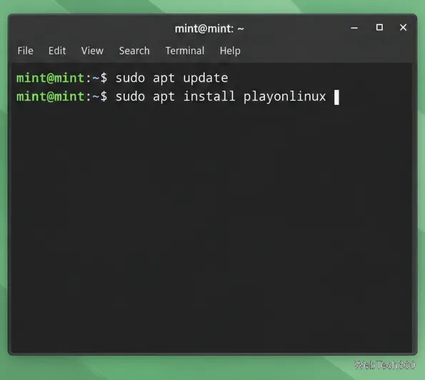 Comenzi de terminal pentru actualizarea APT și instalarea pachetului playonlinux.
