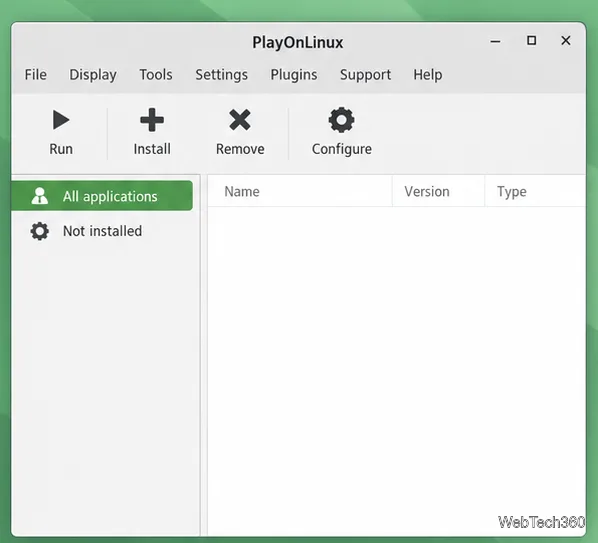 Fereastra principală ilustrativă PlayOnLinux cu butonul Instalare și lista de aplicații; aspectele pot varia în funcție de versiune.