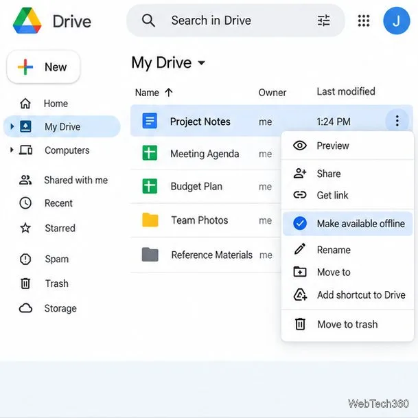 قائمة ملفات Google Drive تعرض خيار "إتاحة الملفات دون اتصال بالإنترنت" المحدد لملاحظات المشروع