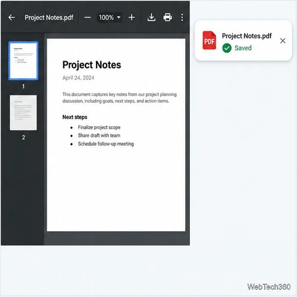 معاينة ملف PDF في مستندات جوجل بجانب رسالة حفظ ملف PDF لملاحظات المشروع المكتمل