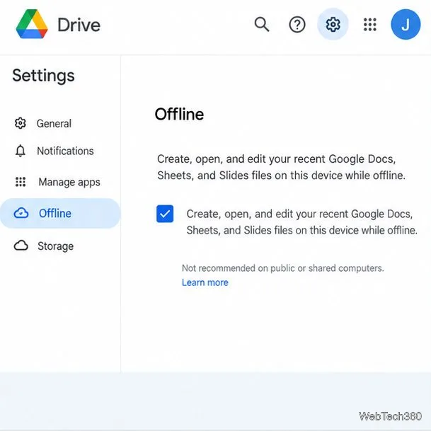 صفحة إعدادات Google Drive مع تفعيل خيار "غير متصل" لملفات Docs وSheets وSlides الحديثة