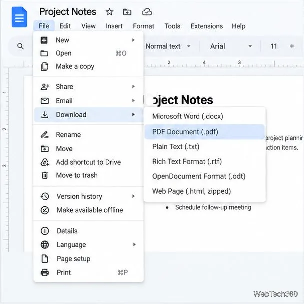 تفتح قائمة الملفات في مستندات جوجل مع القائمة الفرعية "تنزيل" وتحديد مستند PDF