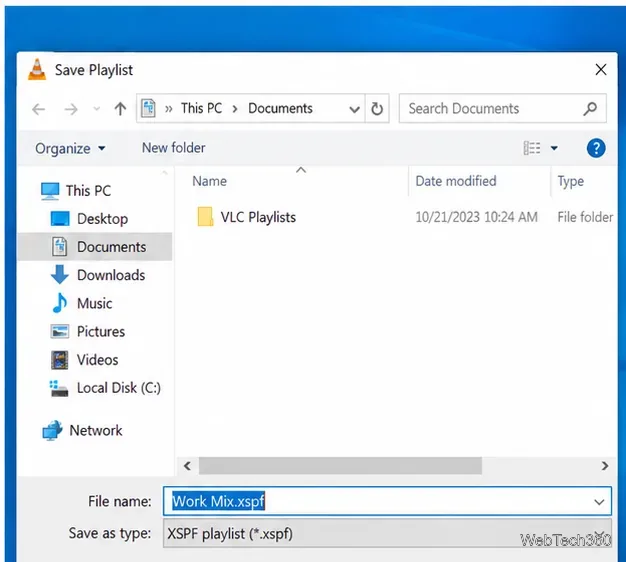 Windows Save Playlist dialog showing an XSPF playlist named Work Mix.xspf