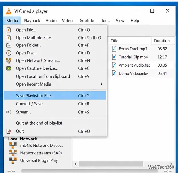 VLC Media menu on Windows 10 with Save Playlist to File highlighted